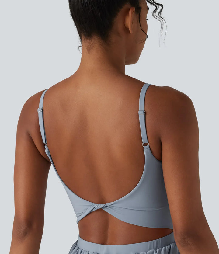 SoftlyZero Airy Twisted Backless Adjustable Straps 2-in-1 Built-in Bra InstantCool Yoga Romper with Pocket-Easy Peezy