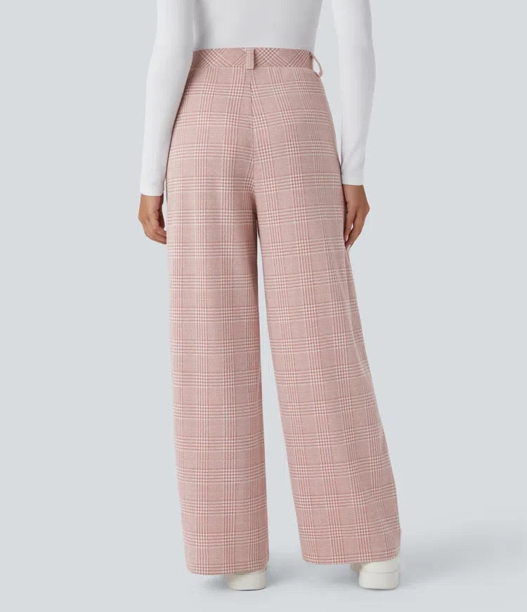 High Waisted Pocket Wide Leg Baggy Houndstooth Plaid Casual Trousers