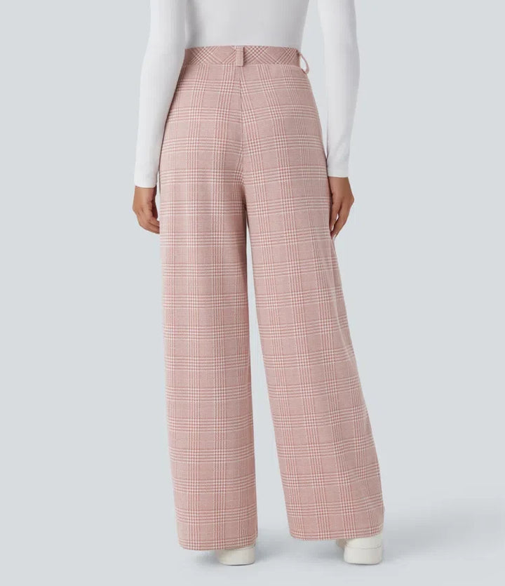 High Waisted Pocket Wide Leg Baggy Houndstooth Plaid Casual Trousers