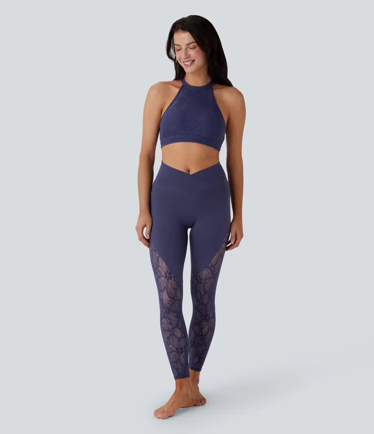 SoftlyZero High Waisted Crossover Pocket Contrast Lace 7/8 Yoga Leggings