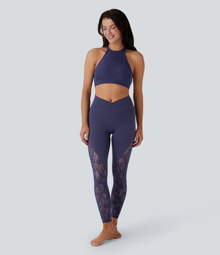 SoftlyZero High Waisted Crossover Pocket Contrast Lace 7/8 Yoga Leggings