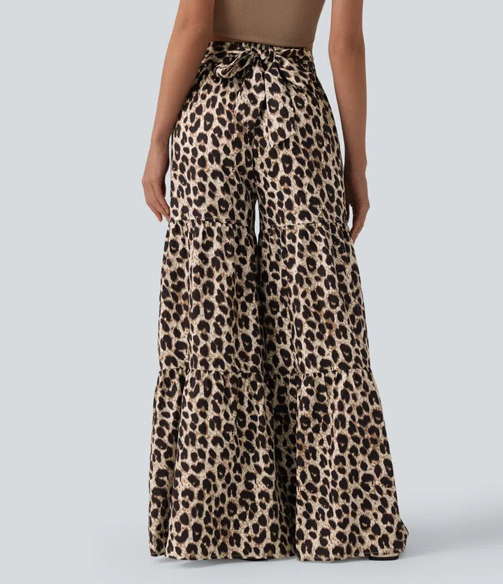 Mid Rise Tie Front Baggy Leopard Print Casual Trousers with Pockets
