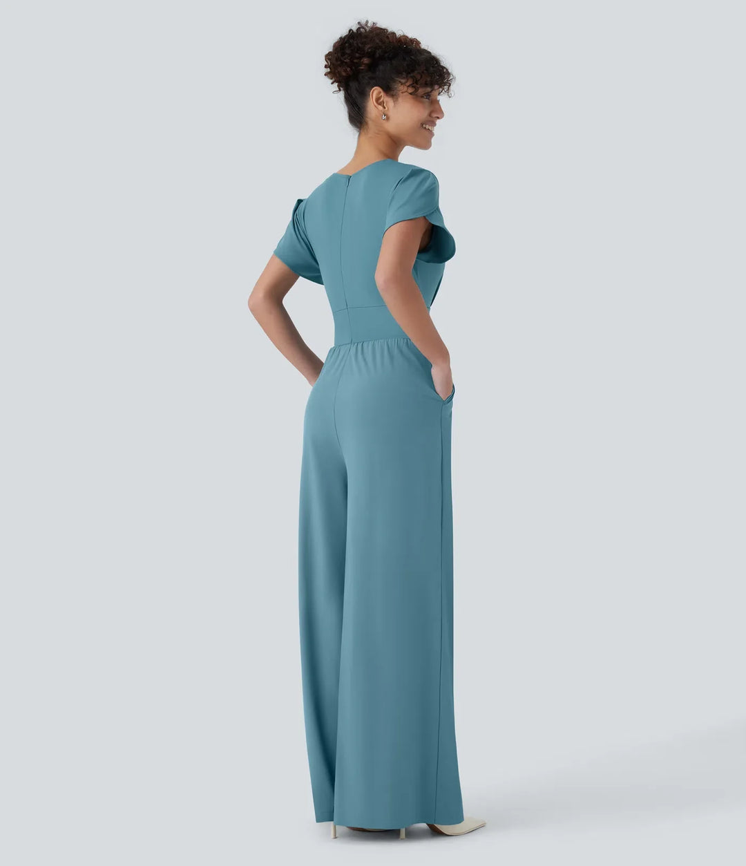 Breezeful V Neck Petal Sleeve Pocket Wide Leg Flowy Quick Dry Work Jumpsuit