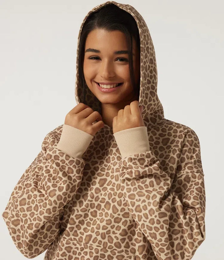 Hooded Long Sleeve Leopard Print Casual Sweatshirt with Pocket