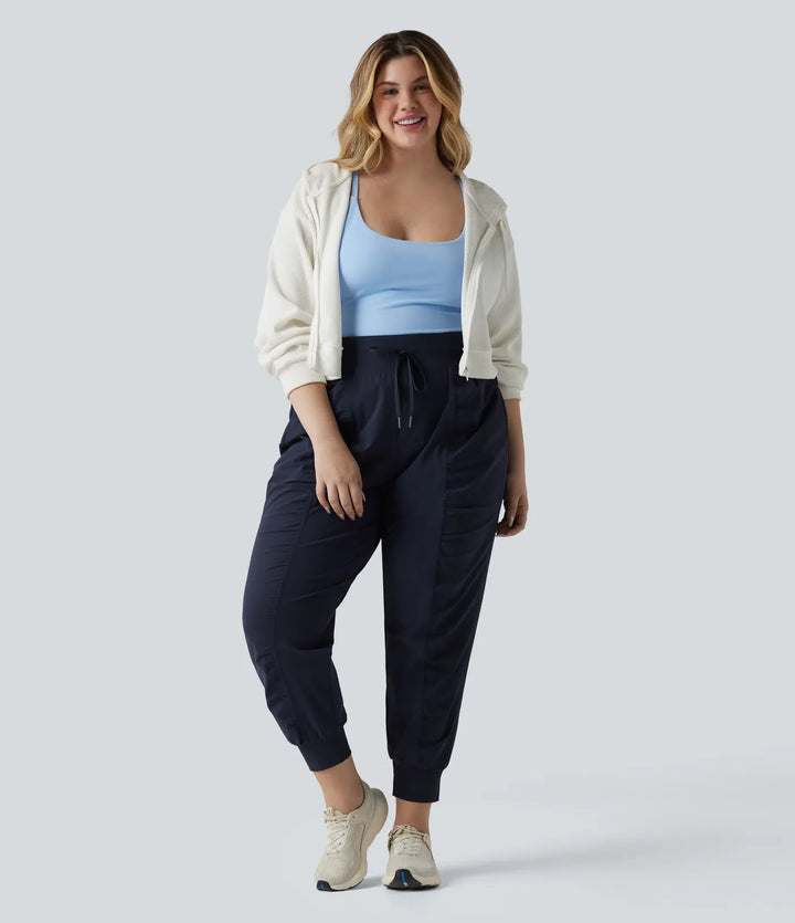 Plus Size High Waisted Drawstring Ruched Tapered Quick Dry Cool Touch Dance Joggers with Pockets-UPF40+