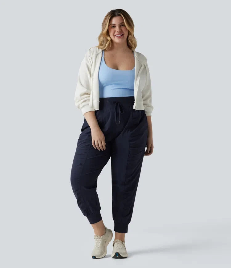Plus Size High Waisted Drawstring Ruched Tapered Quick Dry Cool Touch Dance Joggers with Pockets-UPF40+