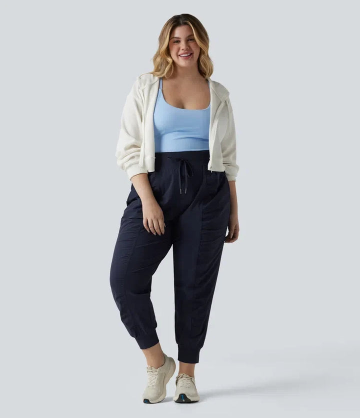 Plus Size High Waisted Drawstring Ruched Tapered Quick Dry Cool Touch Dance Joggers with Pockets-UPF40+