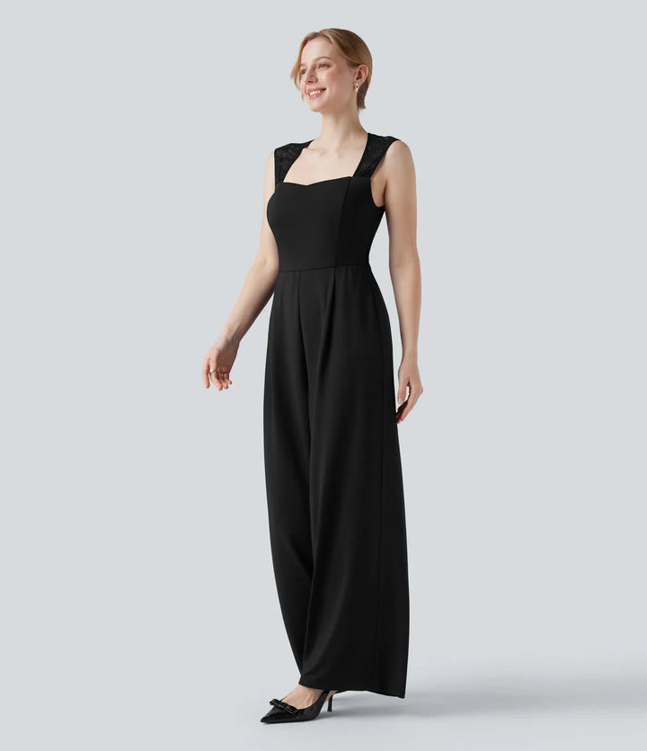 Square Neck Sleeveless Contrast Lace Bridesmaid And Wedding Guest Jumpsuit with Pockets-Easy Peezy