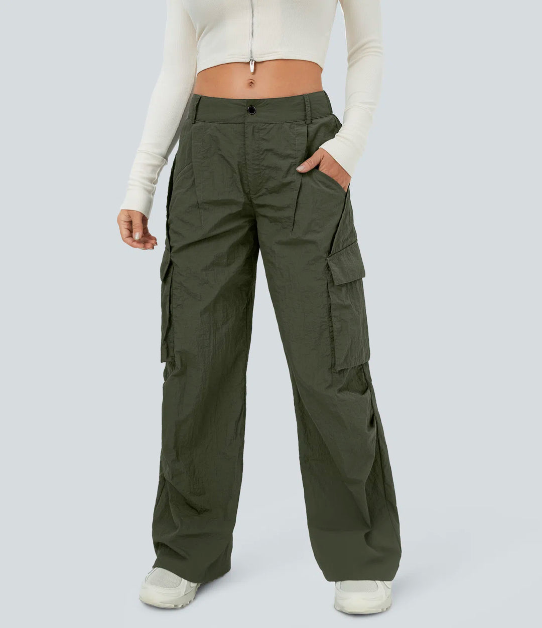 Mid Rise Button Zipper Side Pocket Wide Leg Casual Cargo trousers