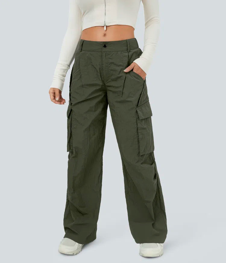 Mid Rise Button Zipper Side Pocket Wide Leg Casual Cargo trousers