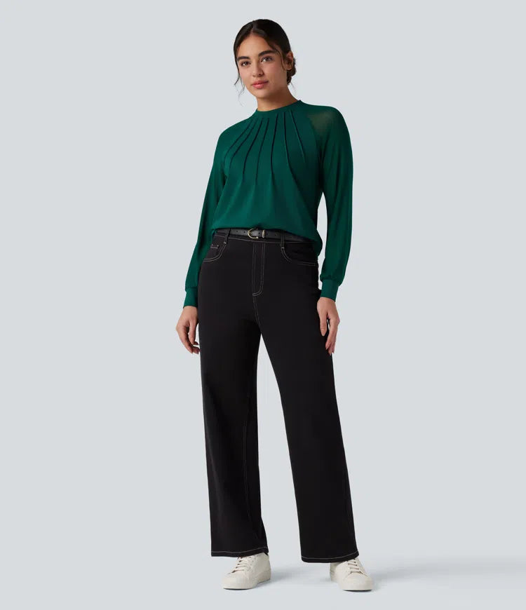 Round Neck Raglan Long Sleeve Contrast Mesh Casual Blouse