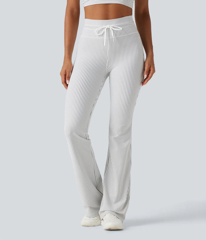 High Waisted Drawstring Stripe Flare Yoga Trousers with Pockets