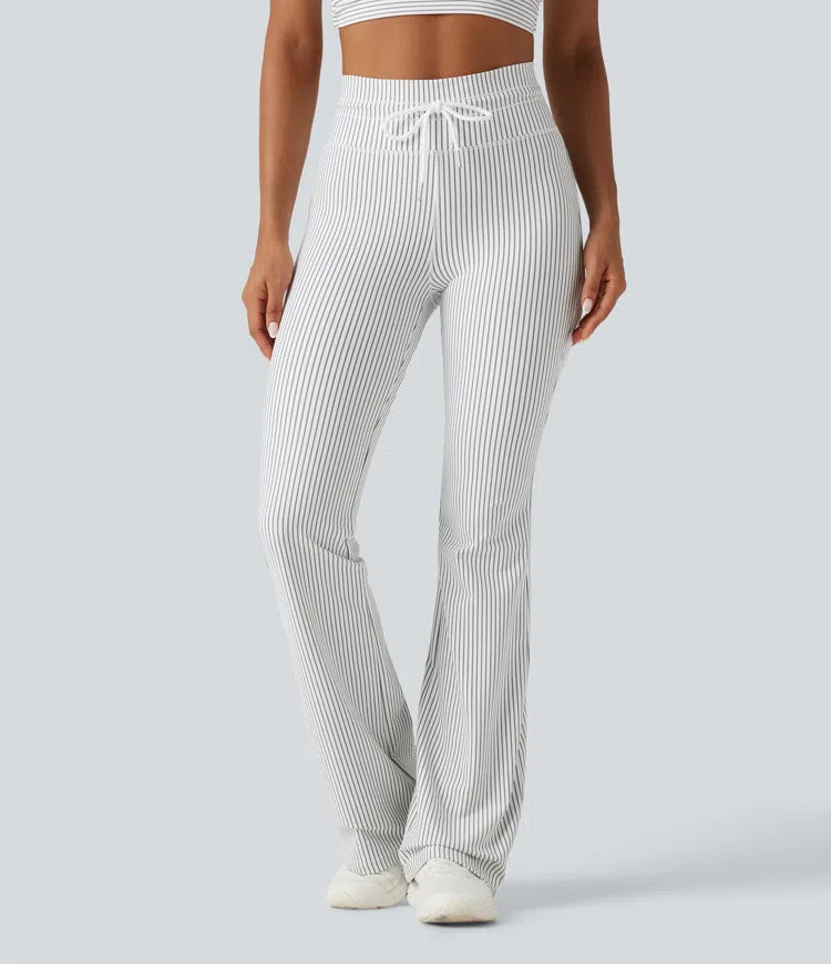 High Waisted Drawstring Stripe Flare Yoga Trousers with Pockets