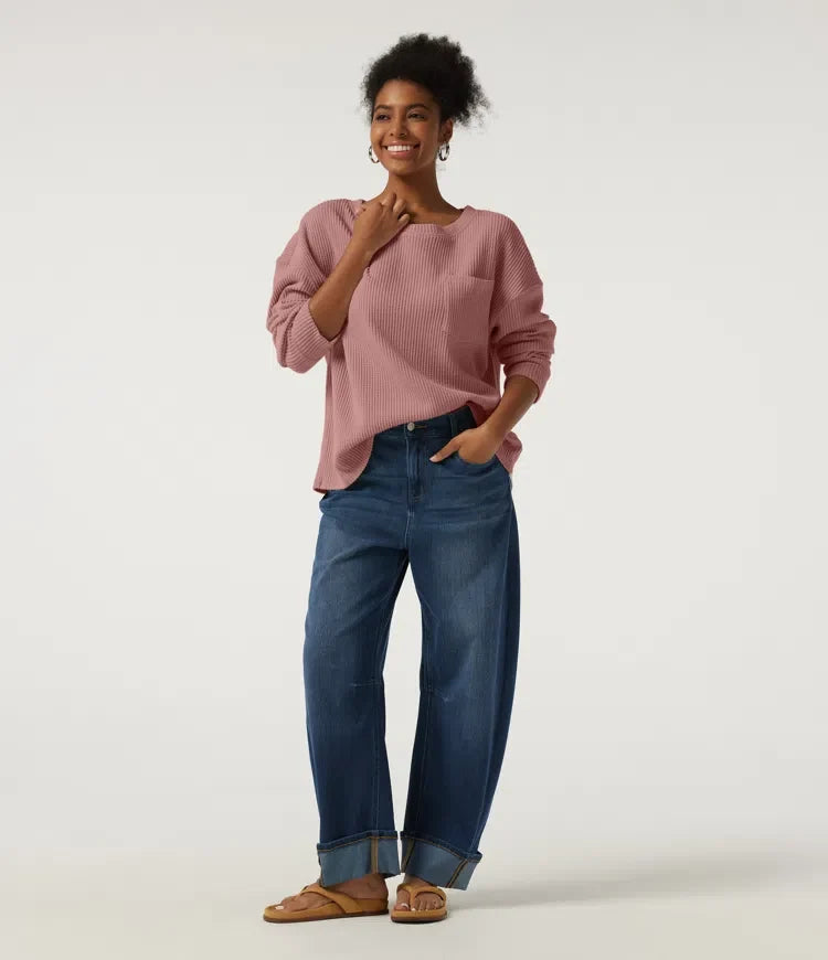 Round Neck Long Sleeve Dropped Waffle Casual Sweatshirt with Pocket