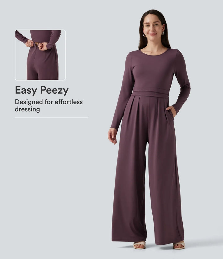 Round Neck Long Sleeve Wide Leg Casual Jumpsuit with Pockets-Easy Peezy Edition