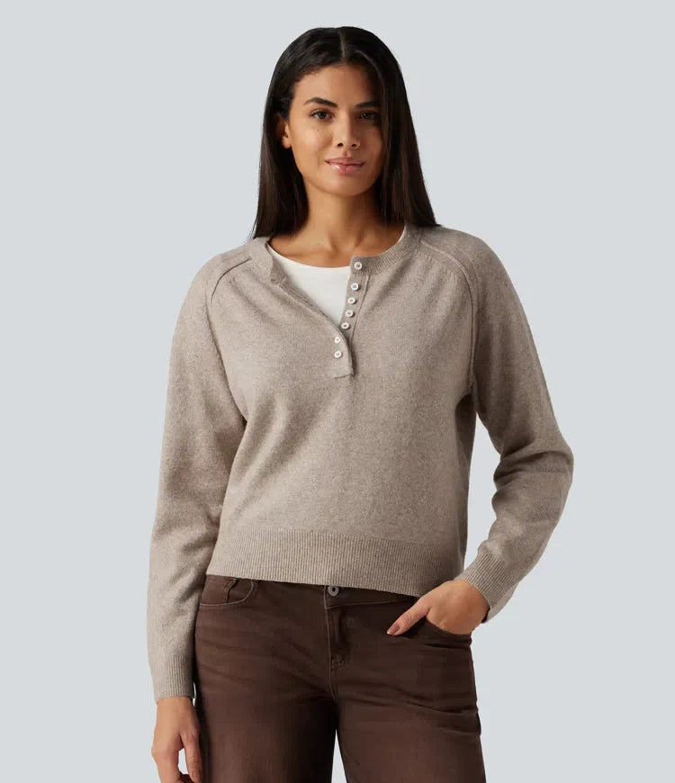 Henley Neck Long Sleeve Casual Jumper