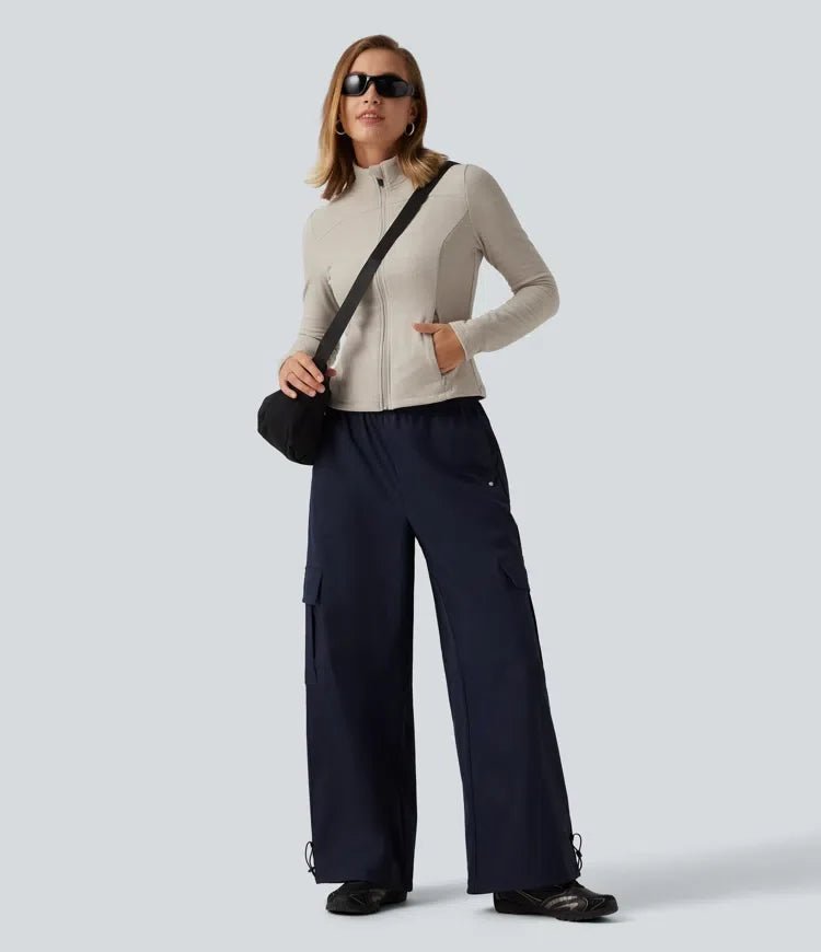 Stand Collar Long Sleeve Fleece Casual Jacket with Pockets