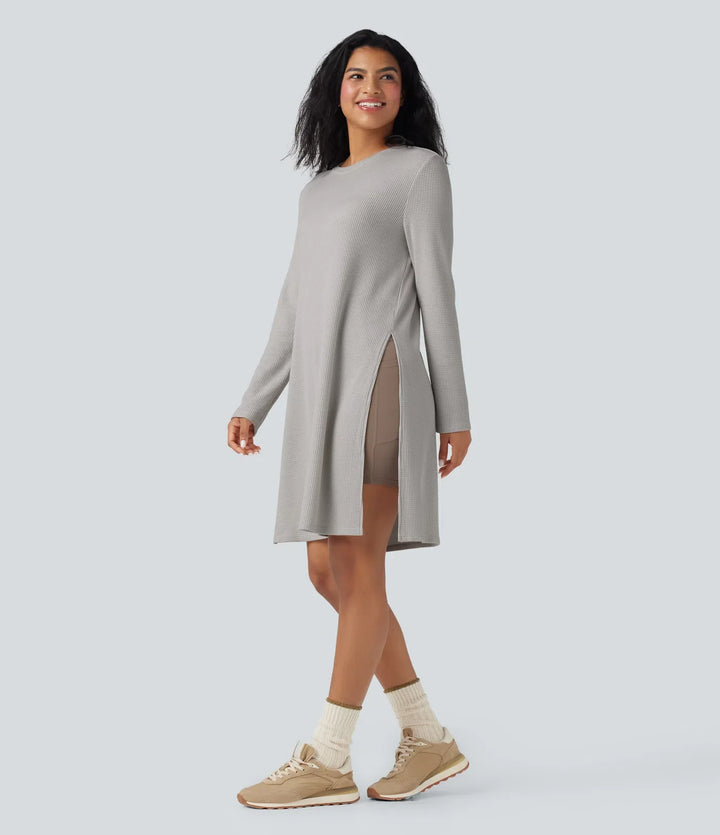 Round Neck Long Sleeve Longline Waffle Knit Casual Sweatshirt
