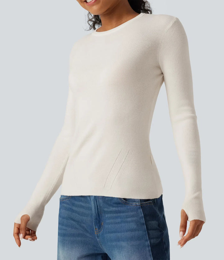 Round Neck Long Sleeve Thumb Hole Slim Work Jumper
