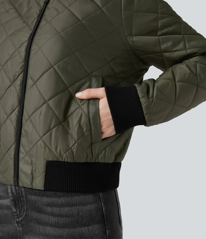 Zip Fly Casual Padded Bomber Jacket with Pockets