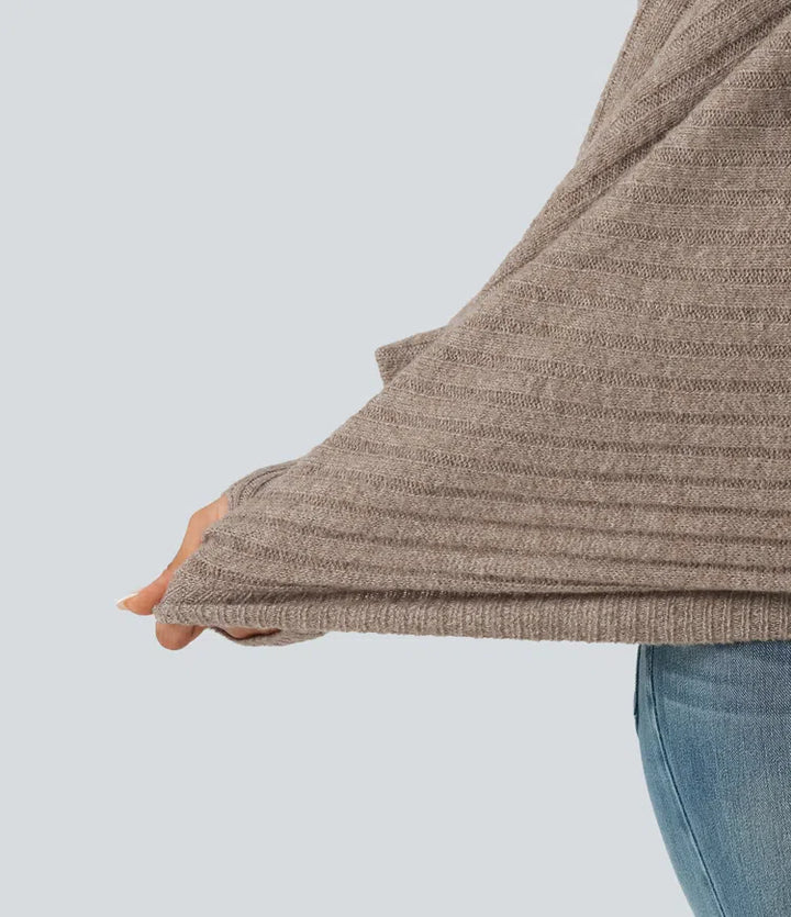 Boat Neck Batwing Long Sleeve Thumb Hole Casual Wool-Blend Jumper