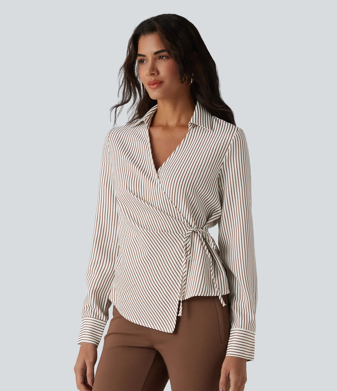 Long Sleeve Wrapped Tie Side Stripe Work Shirt
