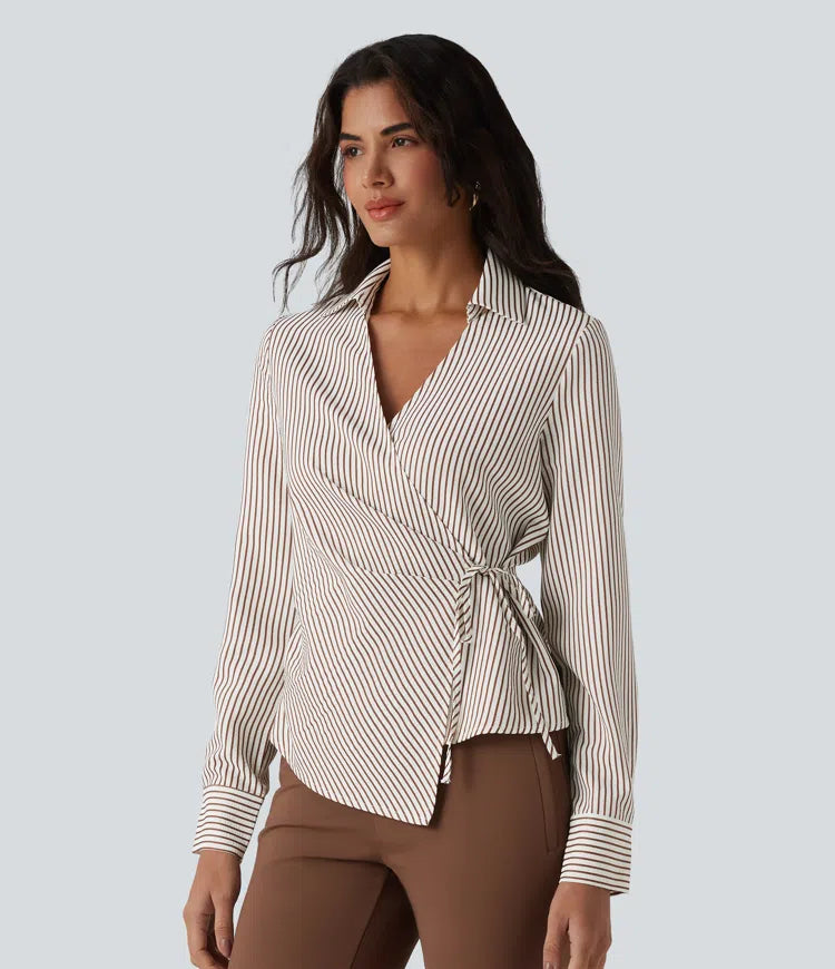 Long Sleeve Wrapped Tie Side Stripe Work Shirt