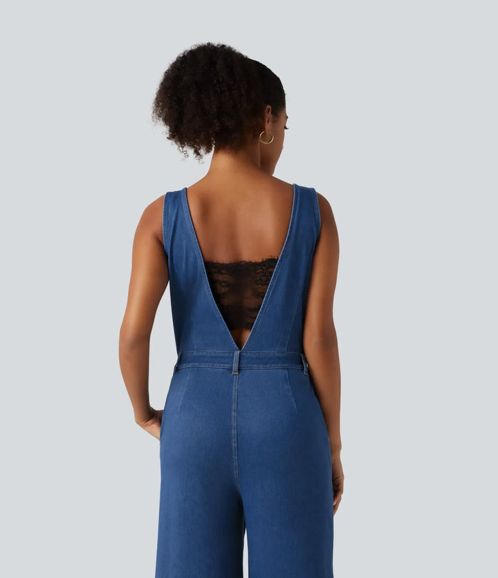 Halara Flex V Neck Wide Leg Denim Casual Jumpsuit with Pockets