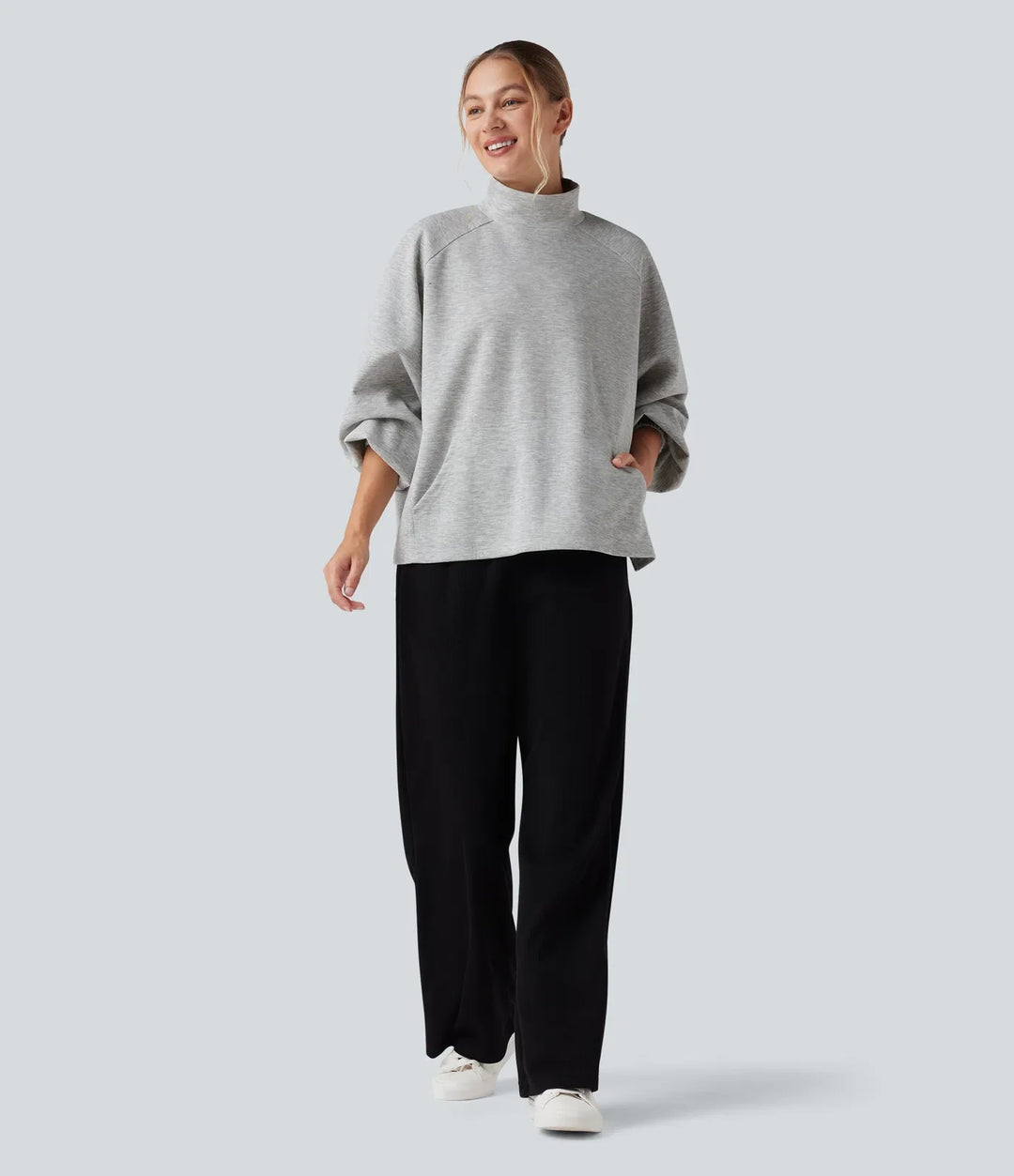 Mock Neck Long Sleeve High Low Casual Sweatshirt with Pocket