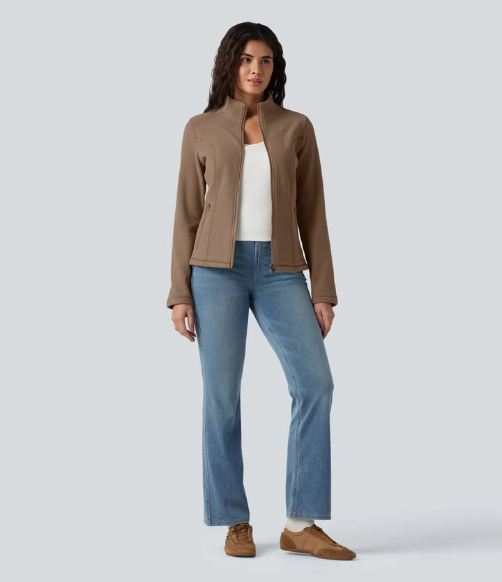 Stand Collar Zip Fly Slim Casual Fleece Jacket with Pockets