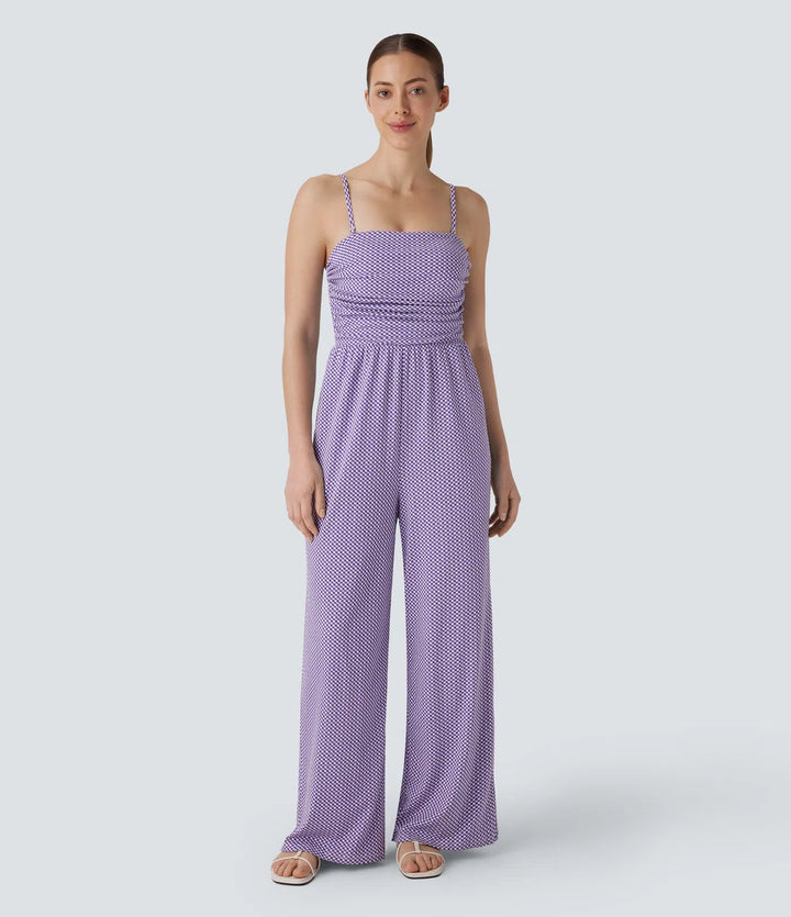 Adjustable &amp; Removable Strap Ruched Pocket Plaid Casual Jumpsuit