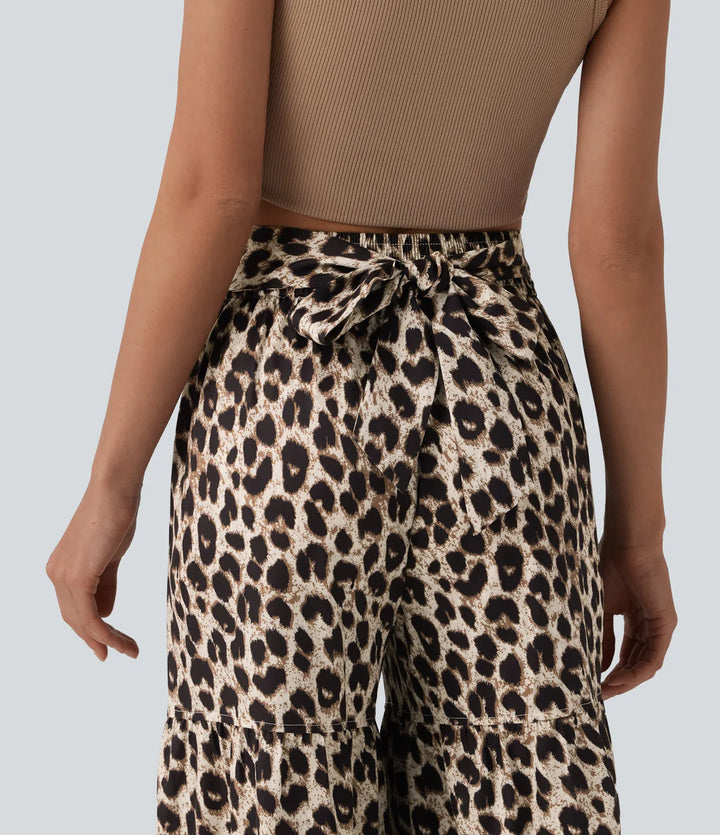 Mid Rise Tie Front Baggy Leopard Print Casual Trousers with Pockets
