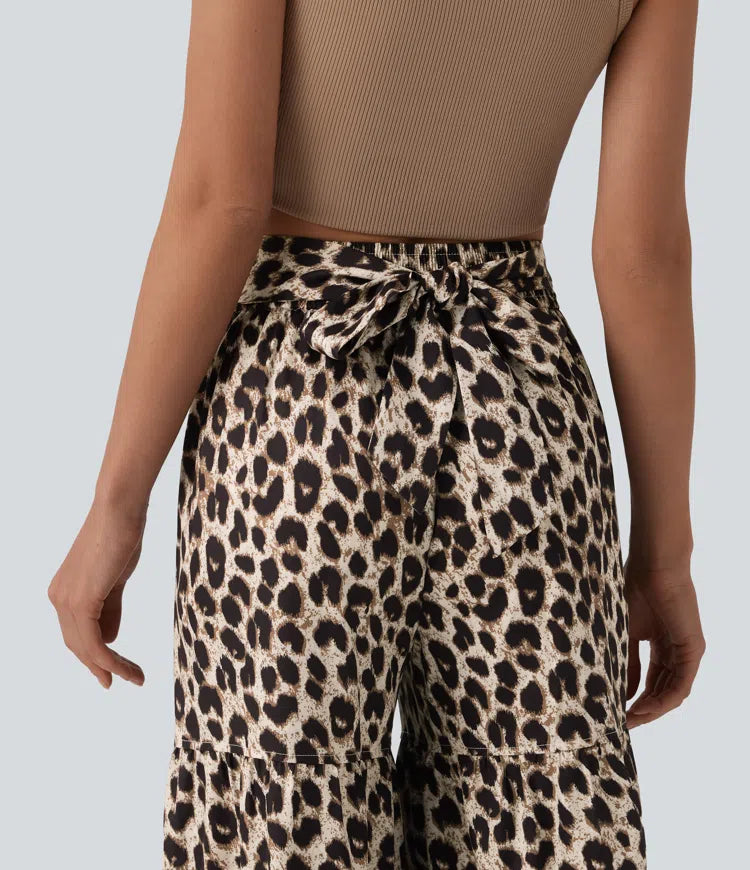 Mid Rise Tie Front Baggy Leopard Print Casual Trousers with Pockets