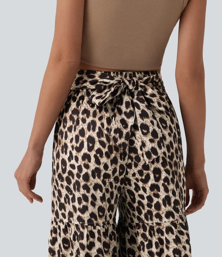 Mid Rise Tie Front Baggy Leopard Print Casual Trousers with Pockets
