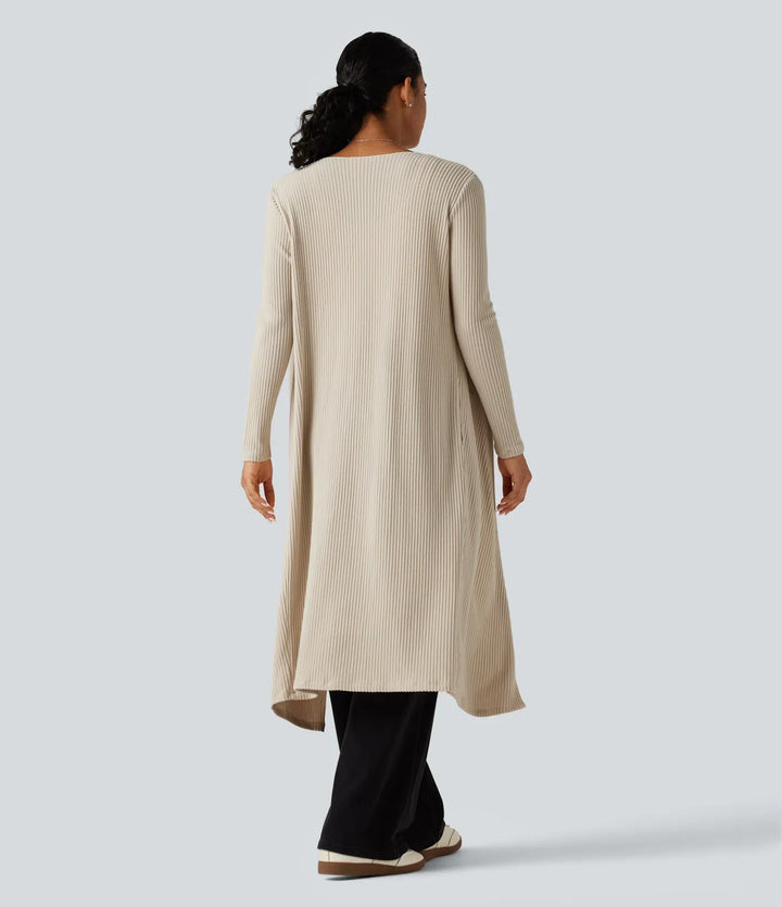 Ribbed Knit Open Front Long Sleeve Casual Longline Waterfall Cardigan with Pockets