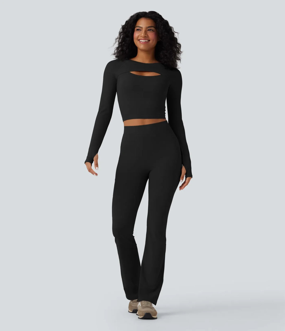 SoftlyZero QuickDry Cut Out Long Sleeve Thumb Hole Cropped Yoga Sports Top