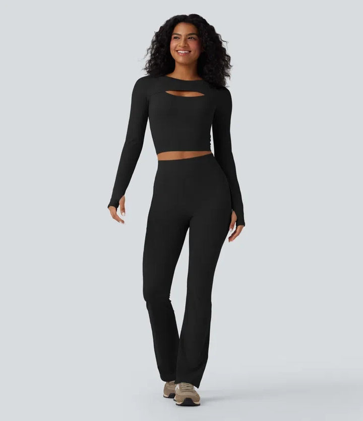 SoftlyZero QuickDry Cut Out Long Sleeve Thumb Hole Cropped Yoga Sports Top