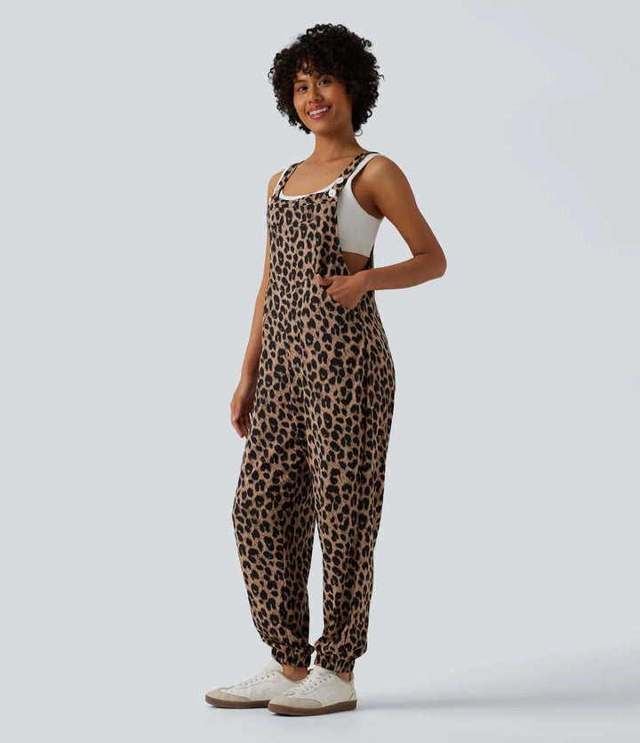 Adjustable Straps Leopard Print Waffle Casual Jogger Dungarees with Pockets
