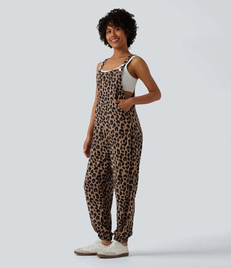 Adjustable Straps Leopard Print Waffle Casual Jogger Dungarees with Pockets
