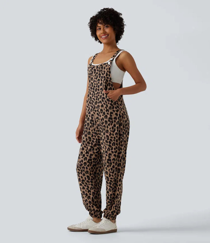Adjustable Straps Leopard Print Waffle Casual Jogger Dungarees with Pockets