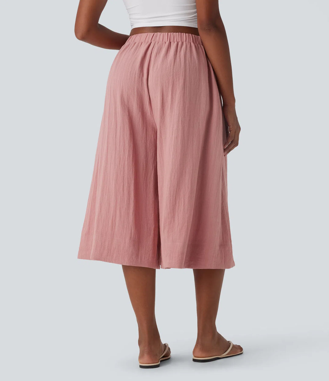 Mid Rise Wide Leg Flowy Linen-Feel Trousers with Pocket