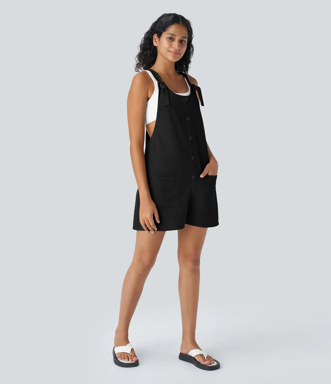 Knot Strap Decorative Pockets Waffle Short Overalls