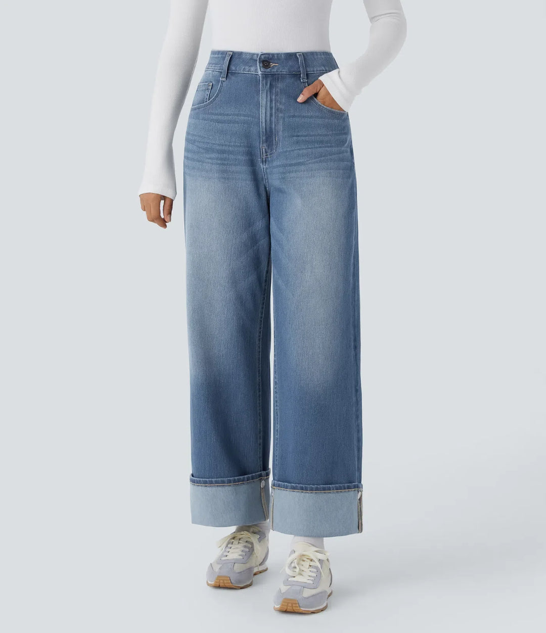 Halara Flex High Waisted Pockets Adjustable Hem Wide Leg Washed Casual Jeans