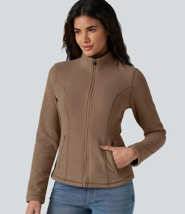 Stand Collar Zip Fly Slim Casual Fleece Jacket with Pockets