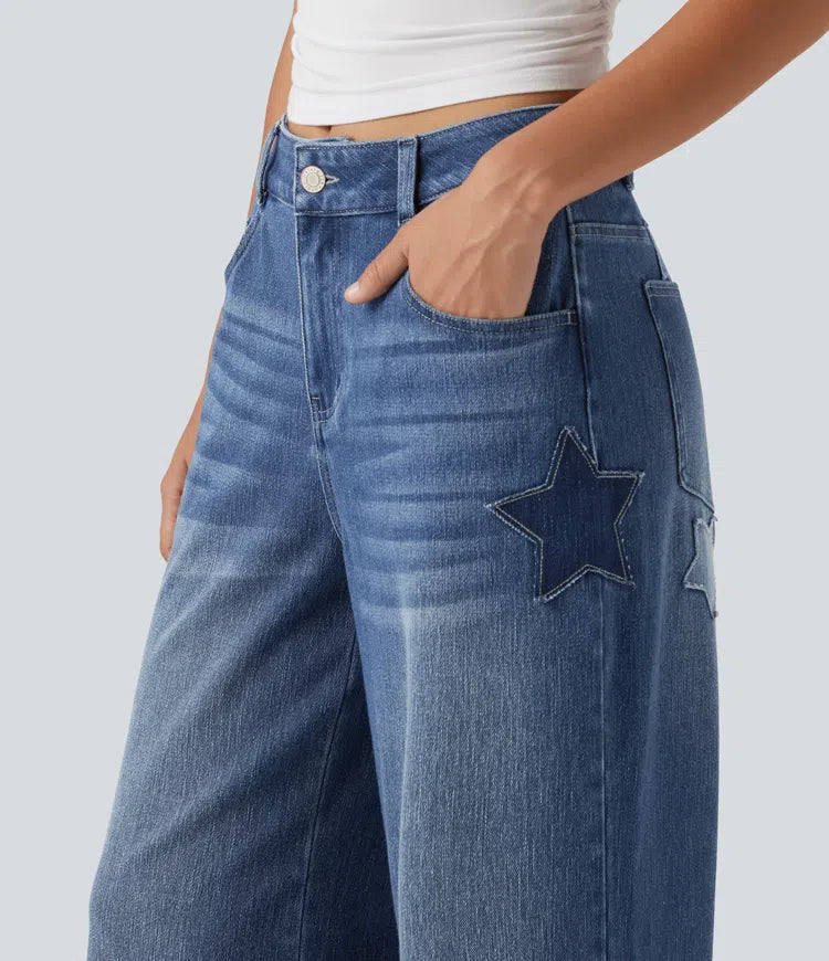 Halara Flex High Waisted Baggy Embroidery Casual Jeans with Pockets