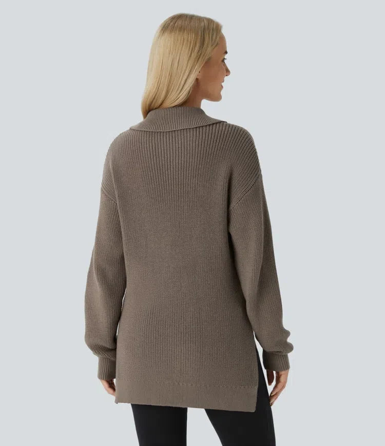 Funnel Neck Half Zip Long Sleeve Casual Jumper