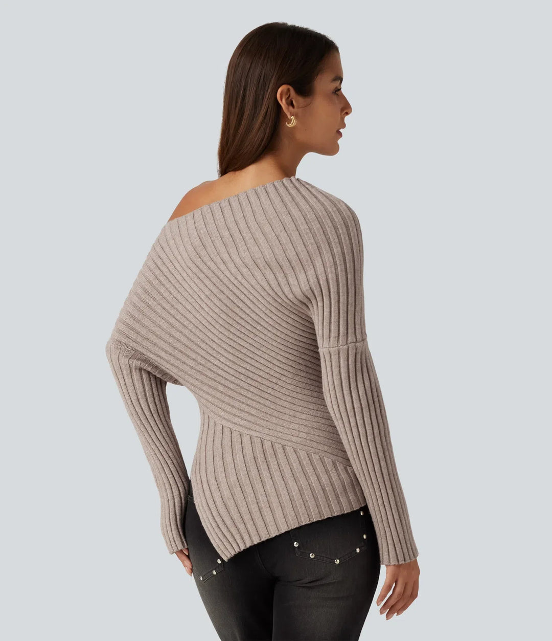 Ribbed Knit One Shoulder Long Sleeve Asymmetric Hem Casual Jumper