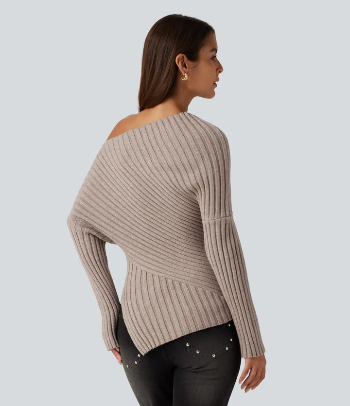 Ribbed Knit One Shoulder Long Sleeve Asymmetric Hem Casual Jumper