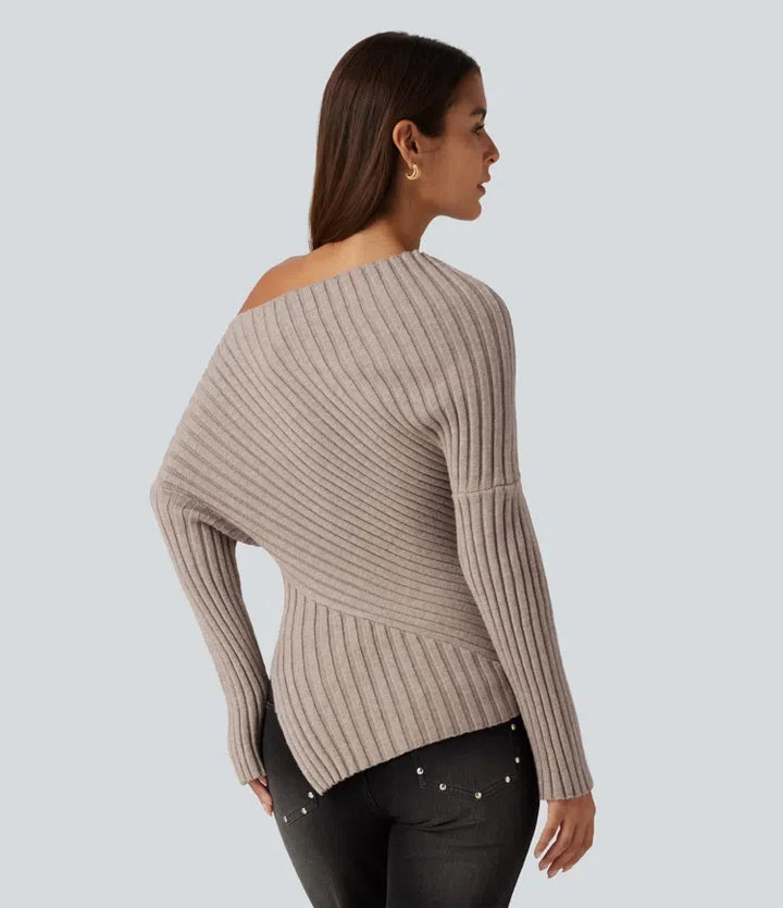 Ribbed Knit One Shoulder Long Sleeve Asymmetric Hem Casual Jumper
