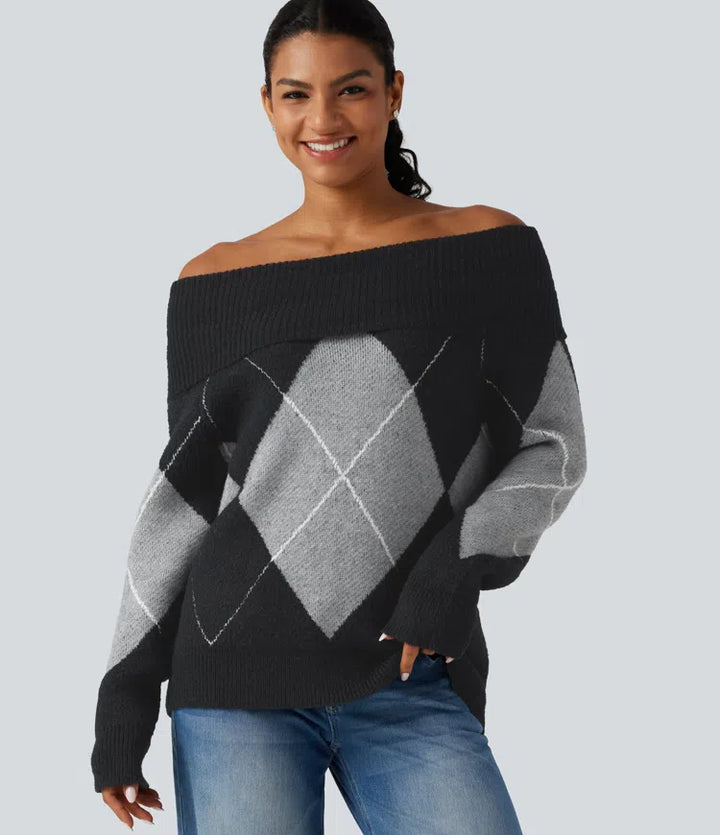 Off Shoulder Long Sleeve Gingham Casual Jumper
